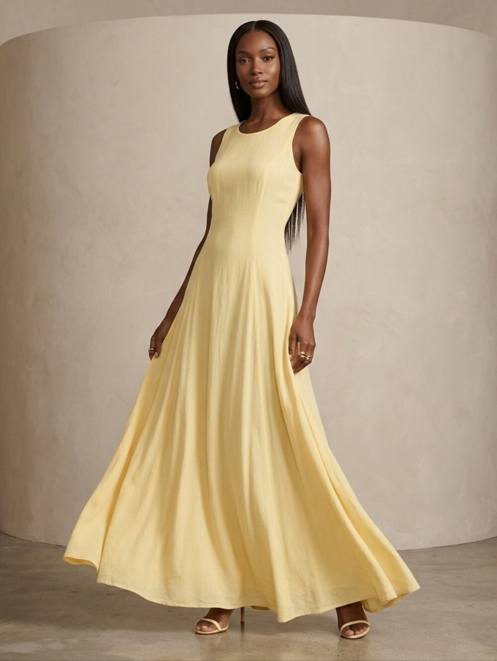JBS yellow Dress with shoulder cover. Flowy. Drapes body shape.